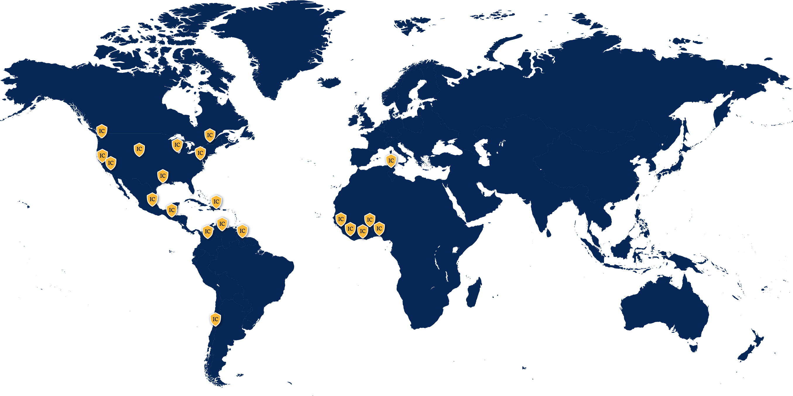World map with labeled Inter-Con Headquarters
